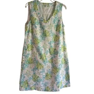 J. Jill Women's Sleeveless Shift Dress 100% Linen Tropical Green Sea Turtles S